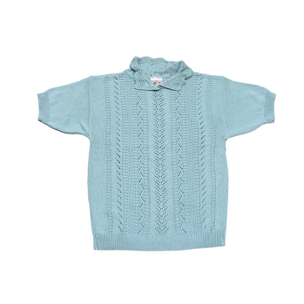 VTG Haband Small Cottage Grandma Green Blue Pointelle Knit Ruffle SS Sweater USA